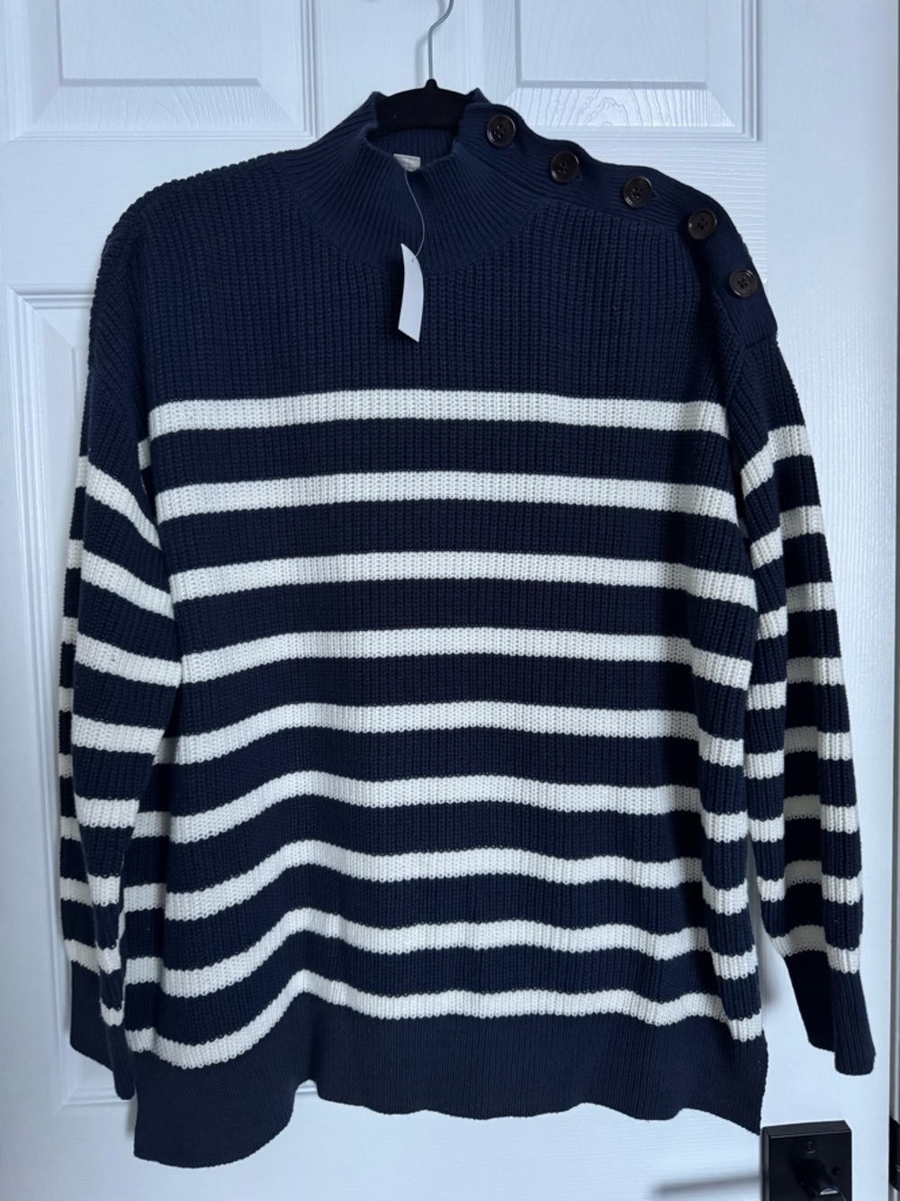 LOFT Navy and White Striped Button-Shoulder Turtleneck Sweater